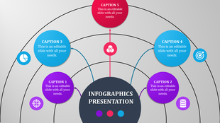 Infographic featuring a central red node linked to four outer nodes in blue and purple, arranged in a radial pattern.