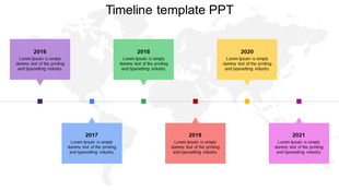 Horizontal timeline with colorful boxes for years 2016 to 2021, featuring a world map as the background.