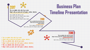 Business timeline featuring three diamond-shaped sections labeled 2017, 2018, and 2019, connected by a bold purple line.