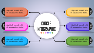 Modern infographic design with a central circle and six numbered steps in colorful ovals connected by thin lines.