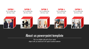 About us slide with five red cubes containing business images from meetings, and teamwork activities, with captions.