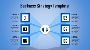 Business strategy template with numbered steps, featuring a handshake icon in the center with captions on a blue theme.