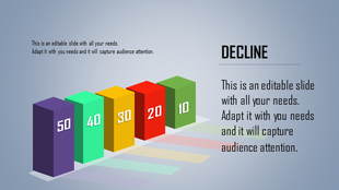 Decline PowerPoint slide showing bars with values decreasing from 50 to 10 with placeholder text.