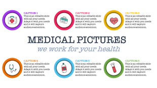 Medical pictures slide with six color-coded circular icons and placeholder related to healthcare.