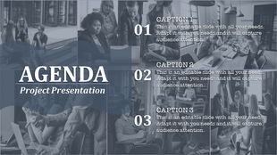 Agenda slide featuring grayscale collage background with people, blue overlay title, and three numbered captions.