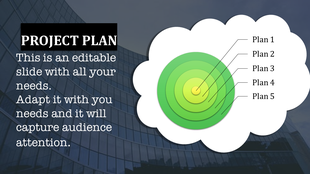 Project planning slide featuring a cloud diagram with five concentric circles Plan 1 through 5 and a building background.