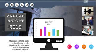 Annual report PowerPoint template showing a bar graph on a computer screen with a business presentation background.