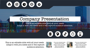 Company slide with a modern building in the background, icons in a dark header and footer, and text sections.