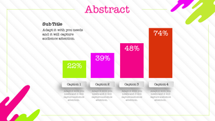 Abstract slide featuring four vertical bars with captions and vibrant colors representing percentages in a white backdrop.