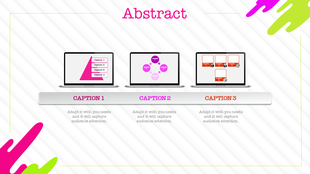 Abstract slide showing three laptops with diagrams and descriptive text on a green and pink diagonal striped background.