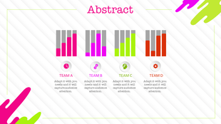 Abstract themed design featuring bar charts for four teams, each labeled with a icon and caption areas.