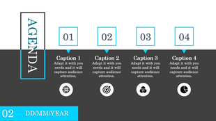 Agenda slide with bold vertical title, four numbered sections in blue accents, and icons below, on a gray background.