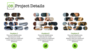 Project details with three columns of photos in circular masks above captions, each with a green icon below.