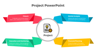 Infographic design with bold red, blue, green, and yellow banners pointing to a central circular project icon.