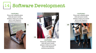 Software development slide with images of coding, team collaboration, and a laptop screen with code and caption areas.