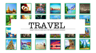 Travel-themed slide featuring a collage of colorful destination photos arranged around a central title.