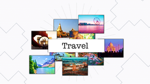 Travel PowerPoint template featuring a collage of famous landmarks and scenic views.
