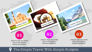 Tourism template with polaroid photos of destinations, captions, and a travel slogan at the bottom.
