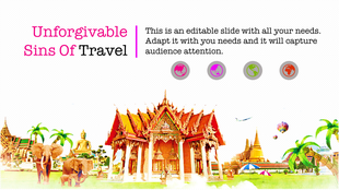 Slide showing vibrant travel visuals of a temple and tropical elements, with a title and four globe icons for emphasis.
