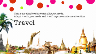 Travel themed PowerPoint template with vibrant design elements, including travel icons and cultural landmarks with text area.