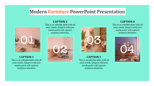 Slide featuring four square image frames with bold numbers, showcasing modern furniture designs on a teal background.