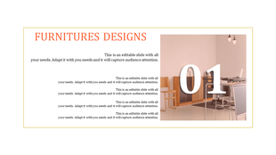 Modern furniture themed slide with a beige interior photo on the right and text blocks on the left side.