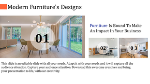 Modern furniture design slide showcasing three interior setups: dining area, minimalist decor, and living space.