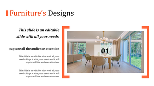 Furniture design slide featuring a dining area with beige chairs, a wooden table, and a chandelier, framed by large windows.