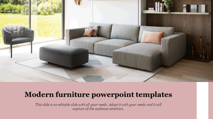 Living room with a modern gray sectional sofa, ottoman, armchair, and a wooden shelf, with pink banner at the bottom.