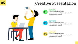 Creative slide featuring two characters, a seated person at a laptop and another taking a photo, with numbered captions.