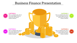 Business slide featuring a golden trophy surrounded by stacks of coins, with four captions in colored starburst shapes.