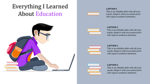 Educational slide featuring a student sitting with a laptop and four captions with book icons on a light blue background.