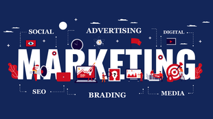 Vibrant illustration of digital marketing concepts with abstract shapes and figures, in bold red and blue tones.