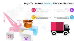 Business optimization layout combining industrial machinery, numbered product stages, and logistics icons in a clean design.