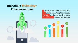 Technology themed slide with a rocket launch, percentage labels, and six color-coded options represented by vertical bars.