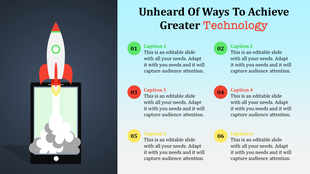 Technology themed infographic with a rocket launch illustration and six captions organized in two vertical columns.