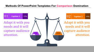 Comparison themed slide with a scale balancing two equal weights, each labeled with two captions at 60 kg.