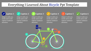 Bicycle illustration with five numbered parts, connected to colored captions above, on a dark gray background.