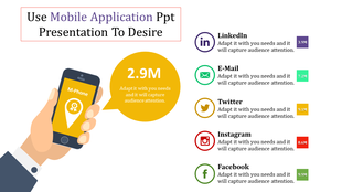 Slide showcasing a mobile application with social media platforms and engagement metrics with icons and placeholder text.