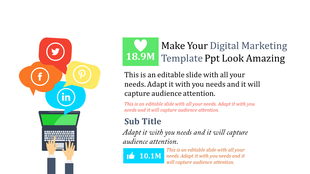 Vibrant design with a laptop emitting colorful social media icons in speech bubbles on a white background.