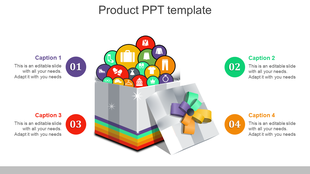 Product template showing a gift box with colorful product icons and captions labeled from 1 to 4.
