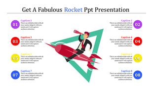 Slide with a businessman riding a red rocket within a green triangle, surrounded by eight numbered captions.