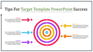 Concentric target design in red, purple, yellow, orange, and blue with five labeled arrows connected to captions.