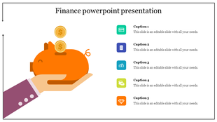 An orange piggy bank on a hand with two floating dollar coins, five colorful finance icons with caption areas on the right.