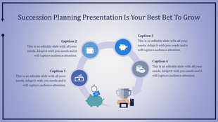 Blue themed succession planning infographic with four captions surrounding a circular flow of financial icons.