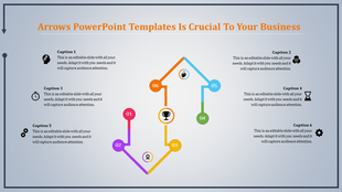 Arrows PPT template with six steps, each marked with an icon and color coded arrows indicating the process with captions.