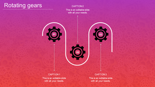 Infographic of three rotating black gears connected by curved paths with directional arrows on gradient pink purple.