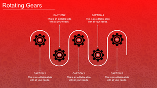 A red background PowerPoint slide with rotating gears and captions with text placeholders.