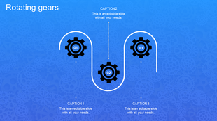 Slide featuring three gears positioned along a curved route on a blue gradient background, with placeholder text areas.