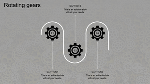 Slide with three black gear icons connected by a curved white path on a gray background featuring gear patterns.
